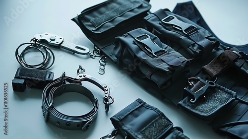A police utility belt with attached pouches and handcuffs on a white surface.