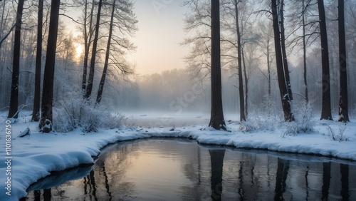 Winter misty landscape with a lake in a forest, trees and ground covered with snow. Calm atmosphere. Fog