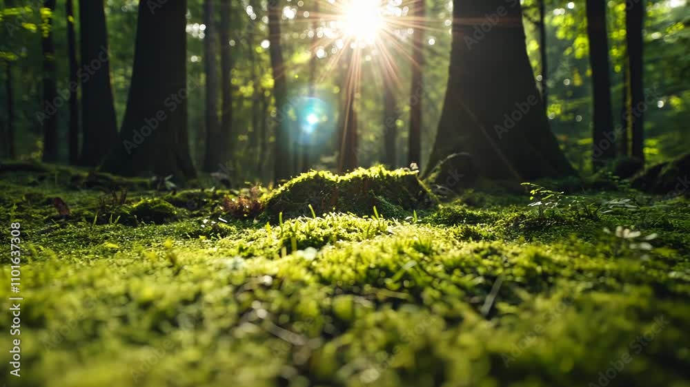 Sunlit moss carpet in a lush green forest with tall trees and sunbeams.