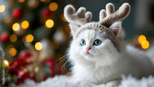 Cute tiny kitten dressed like santa claus reindeer Rudolf photo