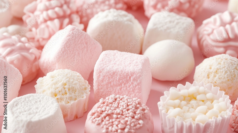 Close-up of assorted marshmallows arranged artfully on a soft pink backdrop, highlighting their delicate textures and pastel colors in an inviting display.