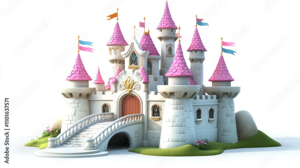 A whimsical pink and white fairytale castle stands proudly A whimsical pink and white fairytale castle stands proudly