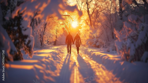 Beauty of nature love, companionshi. peaceful and intimate moment in a winter time. Romantic scene showing the back view of a couple walking hand-in-hand through a snowy forest during sunset photo