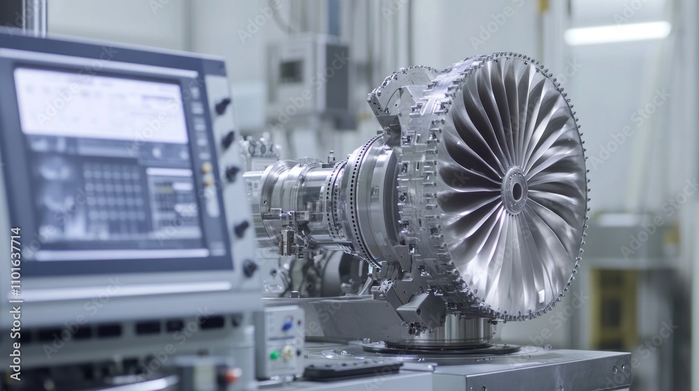 Obraz premium Detailed shot of a turbocharger rotor on a balancing machine, with calibration sensors and displays highlighting precise adjustments. The focus is on accuracy in turbo repair and maintenance.