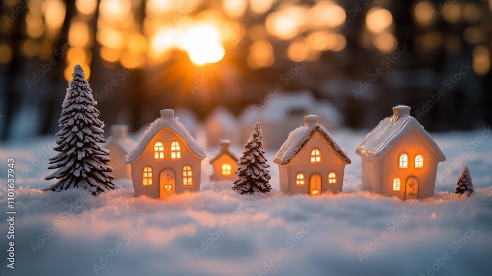 A festive Christmas village with houses and trees made of porcelain, New Year's celebration A festive Christmas village with houses and trees made of porcelain, New Year's celebration