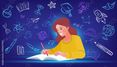 Female student reading a book at a desk with a green chalkboard in the background, featuring colorful education-themed elements like icons and doodles. Perfect for learning and back-to-school themes. 