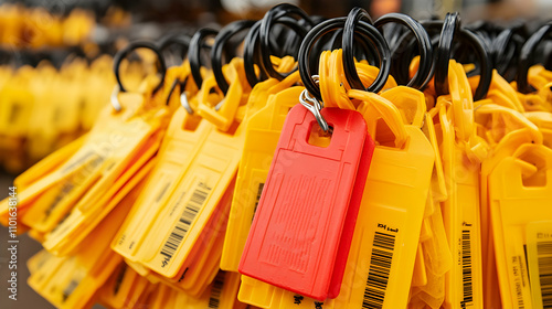 Colorful Identification Tags, A Close-Up View of Stacked Yellow and Red Plastic Key Tags with Barcodes photo