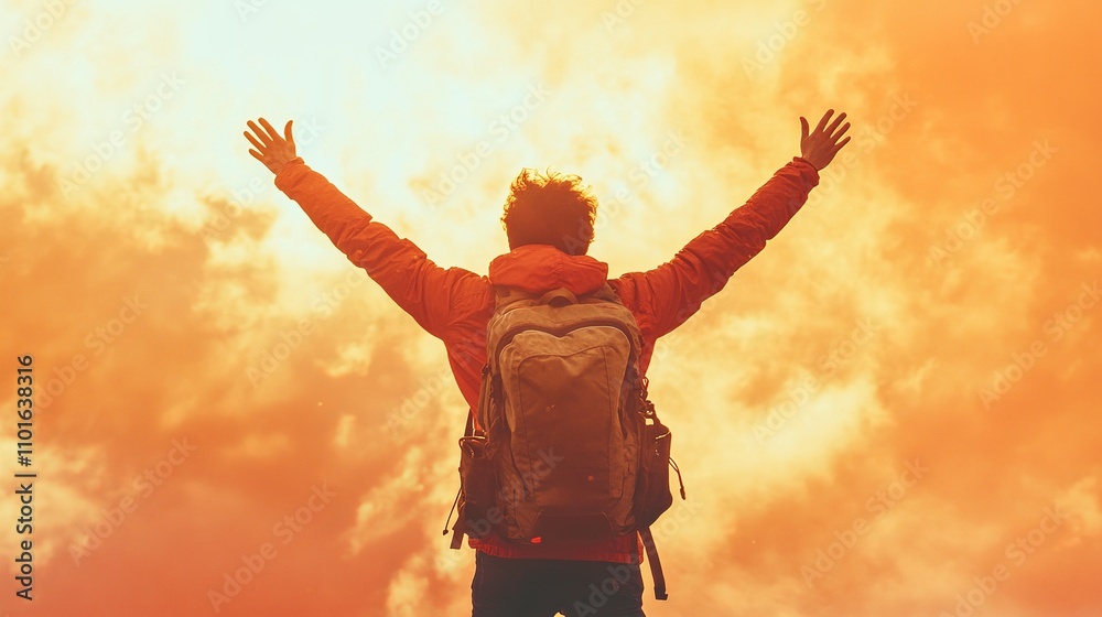 A traveler with a backpack, arms raised, embracing the feeling of freedom. A traveler with a backpack, arms raised, embracing the feeling of freedom.