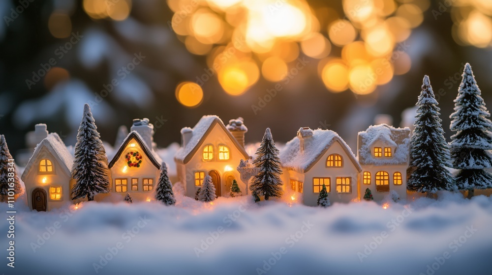 A festive Christmas village with houses and trees made of porcelain, New Year's celebration A festive Christmas village with houses and trees made of porcelain, New Year's celebration