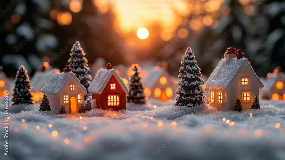 A festive Christmas village with houses and trees made of porcelain, New Year's celebration A festive Christmas village with houses and trees made of porcelain, New Year's celebration