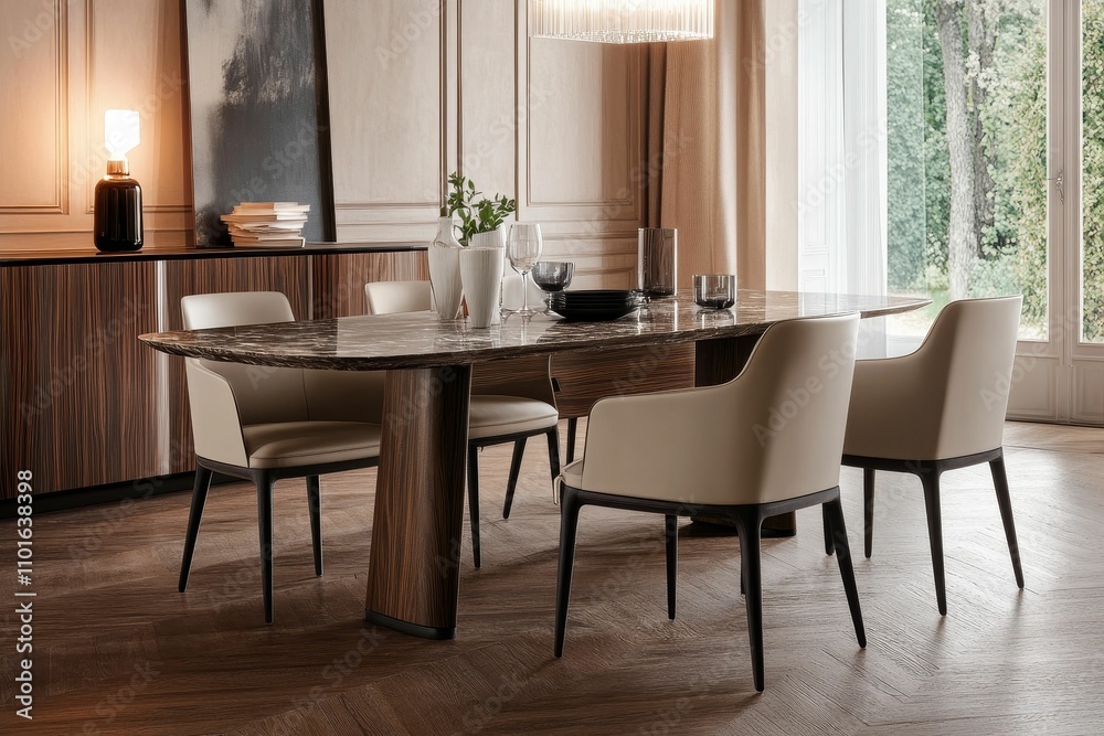 Modern dining set, marble table, wood legs, beige chairs. Modern dining set, marble table, wood legs, beige chairs.
