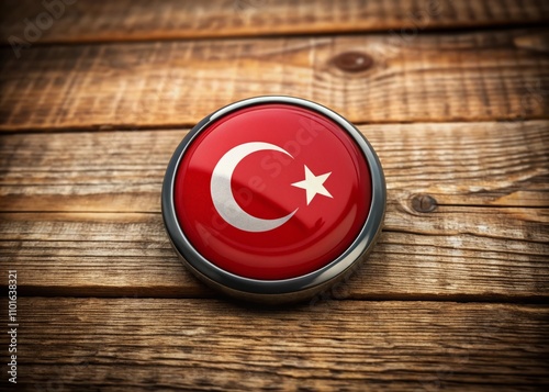 Captivating Product Photography of Turkey Flag Button on a Wooden Table with Soft Lighting, Showcasing National Pride and Cultural Identity in a Minimalist Setting photo