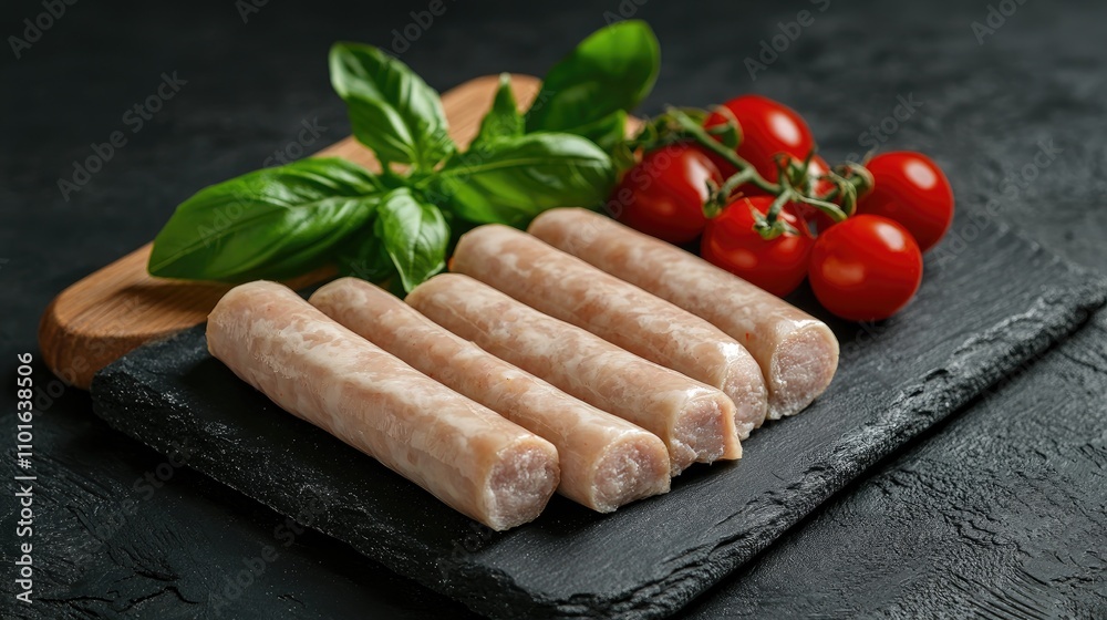 Boiled pork sausages arranged on a stone board accompanied by fresh basil and ripe cherry tomatoes in a dark, rustic setting Boiled pork sausages arranged on a stone board accompanied by fresh basil and ripe cherry tomatoes in a dark, rustic setting