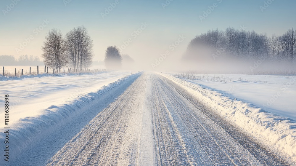 A serene winter landscape featuring a snow-covered road disappearing into a foggy background. A serene winter landscape featuring a snow-covered road disappearing into a foggy background.