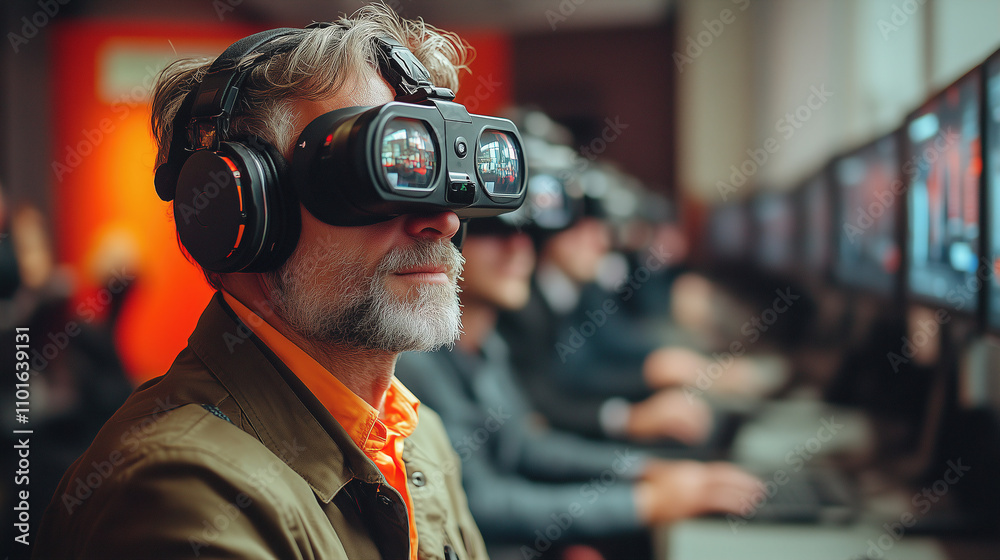 Men enjoy virtual reality gaming in a modern gaming center during an evening event. Generative AI Men enjoy virtual reality gaming in a modern gaming center during an evening event. Generative AI
