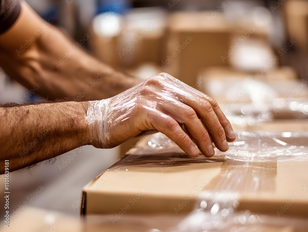 A person applying plastic wrap to cardboard boxes in a warehouse setting.