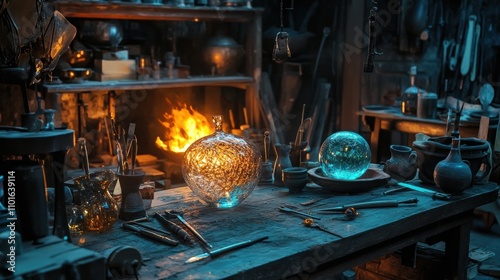 Captivating Artisanal Workshop Filled with Intricate Glassware and Crafting Tools, Evoking a Sense of Magic and Creation in an Enchanting Environment