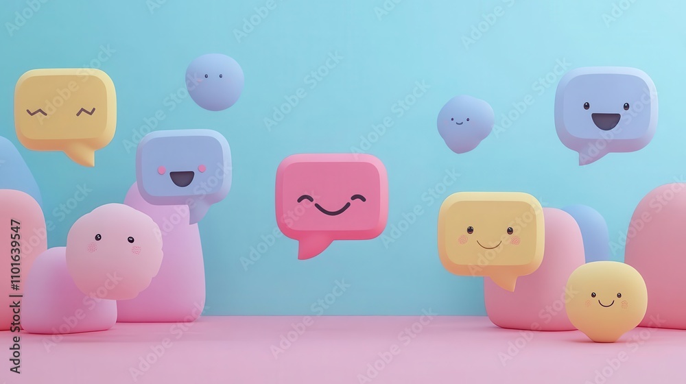 Colorful speech bubbles with smiling faces float against a pastel background, creating a playful and cheerful atmosphere. Colorful speech bubbles with smiling faces float against a pastel background, creating a playful and cheerful atmosphere.