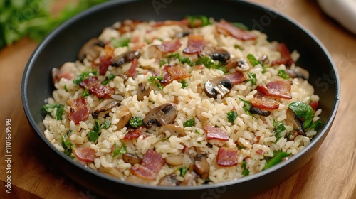 Savory fried rice with crispy bacon, sautÃ©ed mushrooms, and fresh greens served in a black bowl against a warm wooden background