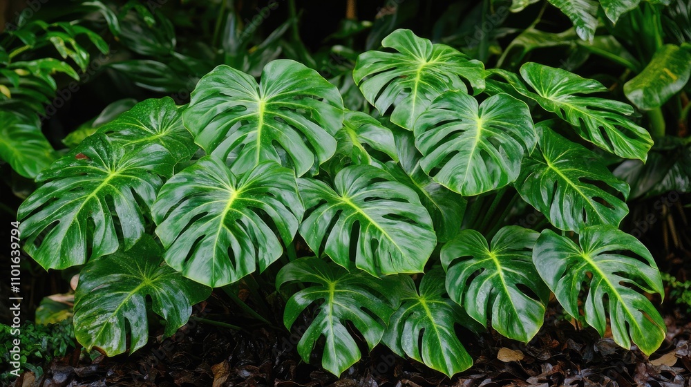 Lush dark green philodendron leaves thriving in a vibrant forest, showcasing vintage summer aesthetics and rich rainforest textures. Lush dark green philodendron leaves thriving in a vibrant forest, showcasing vintage summer aesthetics and rich rainforest textures.