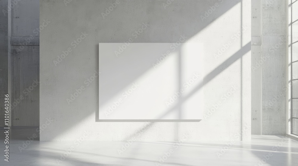 Fototapeta premium A blank white wall in a concrete office with large windows, offering a mockup for 3D rendering, ideal for showcasing design concepts or corporate branding in a minimalist setting.