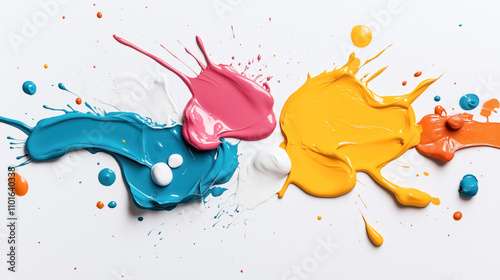 Abstract artistic composition featuring colorful splashes of paint in blue, pink, white, yellow, and orange on a light background showcasing vibrant creative expression and artfulness.