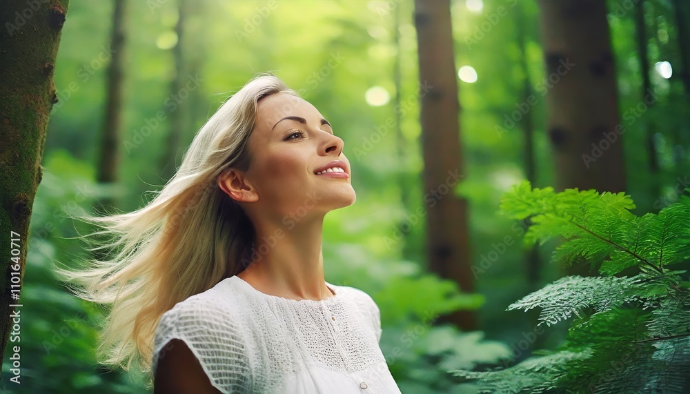 A serene woman deeply enjoying nature, breathing fresh air amid a lush green forest, evoking a sense of tranquility, mindfulness, and connection to the outdoors. A serene woman deeply enjoying nature, breathing fresh air amid a lush green forest, evoking a sense of tranquility, mindfulness, and connection to the outdoors.