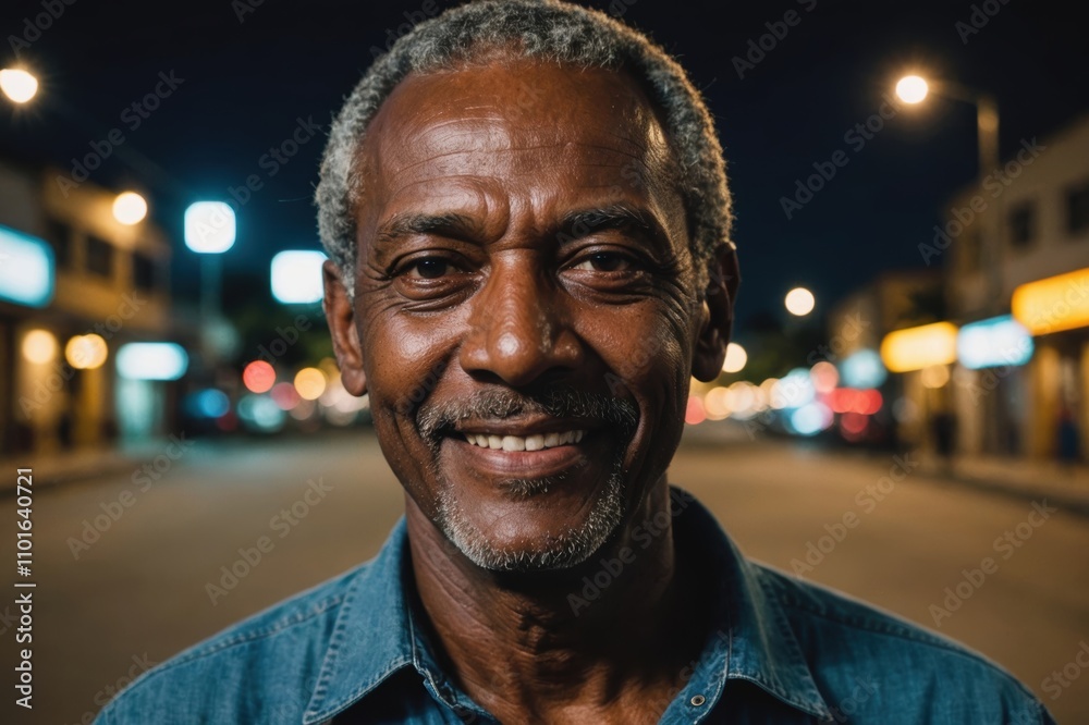 Close portrait of a smiling senior Belizean man looking at the camera, Belizean city outdoors at night blurred background