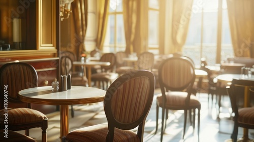 Elegant tables and chairs by a wide window in a tea restaurant, with soft reflections of light creating a relaxing atmosphere