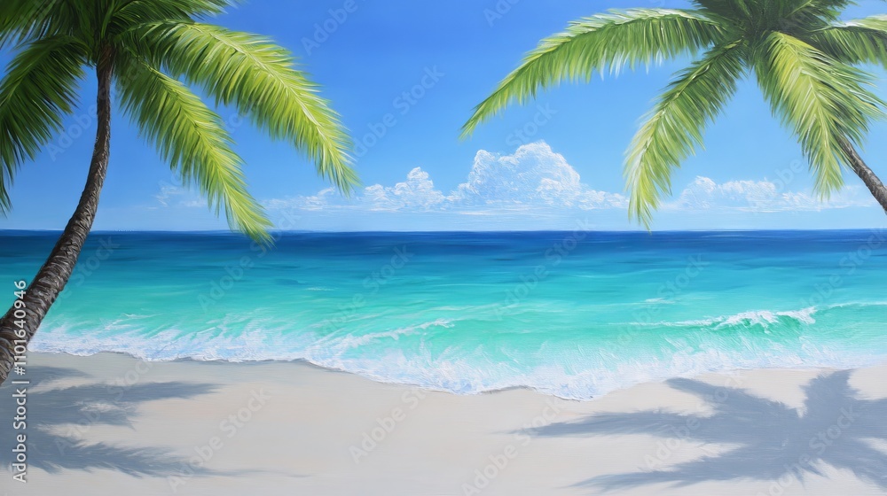 Coco palms swaying gently on a tropical paradise beach, their lush green fronds contrasting against the vibrant turquoise blue water and clear blue sky, inviting tranquility and relaxation, with soft Coco palms swaying gently on a tropical paradise beach, their lush green fronds contrasting against the vibrant turquoise blue water and clear blue sky, inviting tranquility and relaxation, with soft