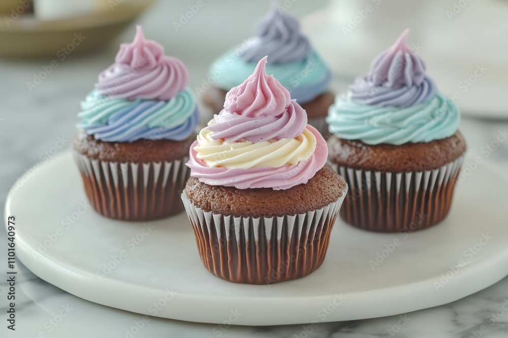 Four tasty chocolate cupcakes with multicolored frosting Four tasty chocolate cupcakes with multicolored frosting