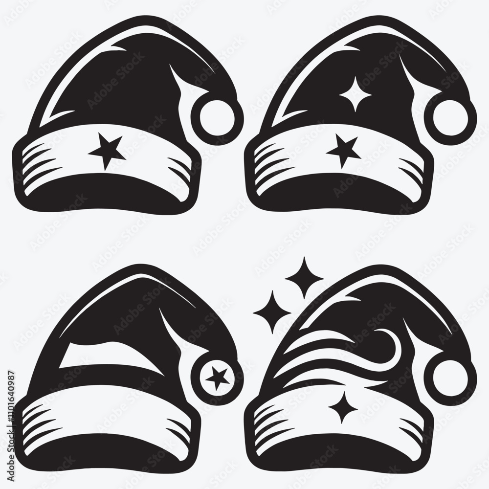 Fototapeta premium Set of Santa Claus Hat or Cap Silhouette Clip Art Vector illustration Isolated on White Background