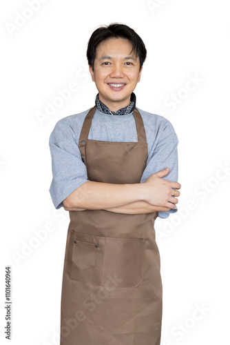 Asian man barista barman employee wear brown apron for work in coffee shop hold hands crossed isolated on white background with clipping path.