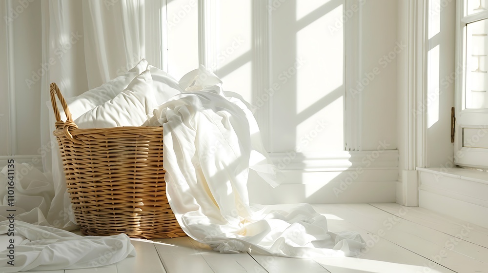 A cozy scene featuring a wicker basket filled with white linens, illuminated by soft sunlight streaming through the windows. A cozy scene featuring a wicker basket filled with white linens, illuminated by soft sunlight streaming through the windows.