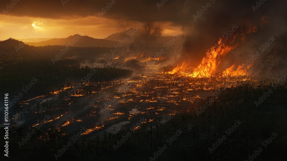 Aerial view of a tropical rainforest engulfed in wildfires, highlighting extensive destruction and smoke amidst a dramatic sunset backdrop.