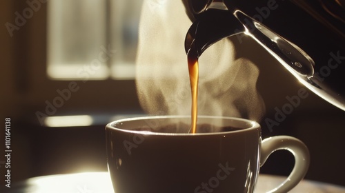 Close-up of a coffeemaker elegantly pouring rich, steaming coffee into a pristine white cup, capturing the warmth and comfort of a perfect morning brew.