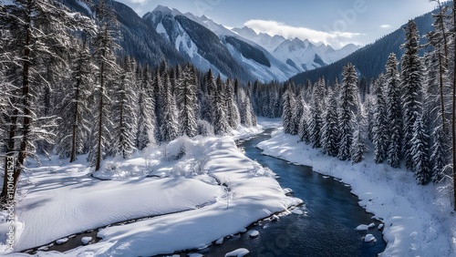 The grand ilgaz mountains in winter with a frozen river winding through a forest, AI Generated