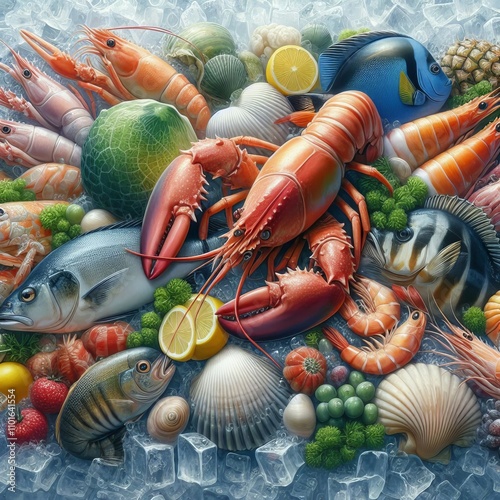 Seafood Display on Ice Realistic painting of fresh seafood arran photo