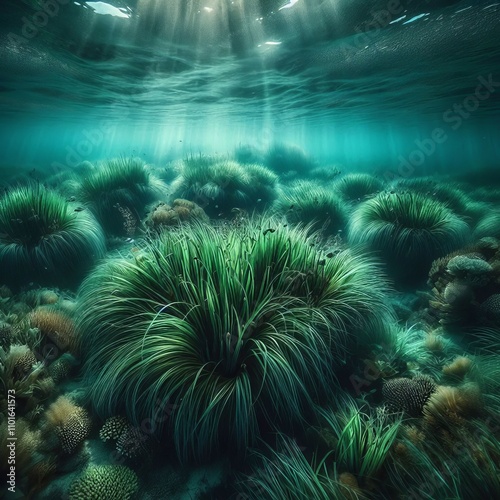 Seagrass meadow A lush underwater seagrass meadow grows in the s photo