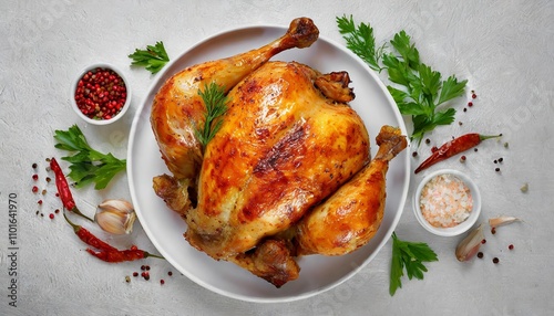 Succulent Roasted Chicken with Golden Brown Skin - Isolated on White Background - Perfect Top-View Shot Ideal for Culinary Blogs, Food Recipes, Restaurant Menus, and Stock Photography