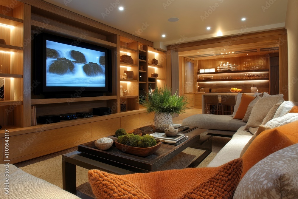 Modern, wood-paneled home theater with plush seating. Modern, wood-paneled home theater with plush seating.