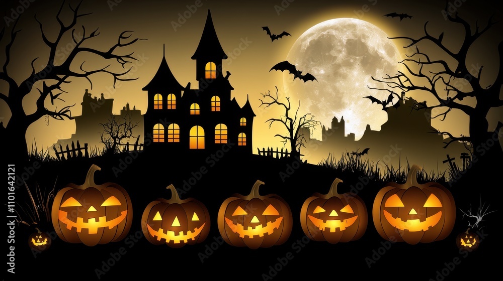 A spooky Halloween scene featuring a haunted house, bats, and carved pumpkins. A spooky Halloween scene featuring a haunted house, bats, and carved pumpkins.