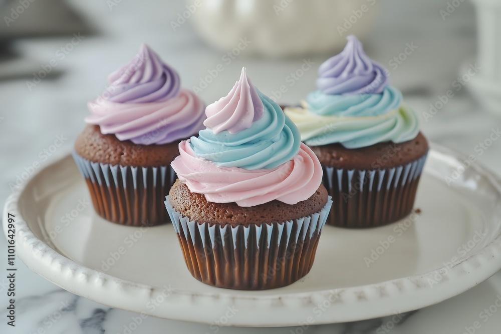 Four tasty chocolate cupcakes with vibrant multicolored frosting Four tasty chocolate cupcakes with vibrant multicolored frosting