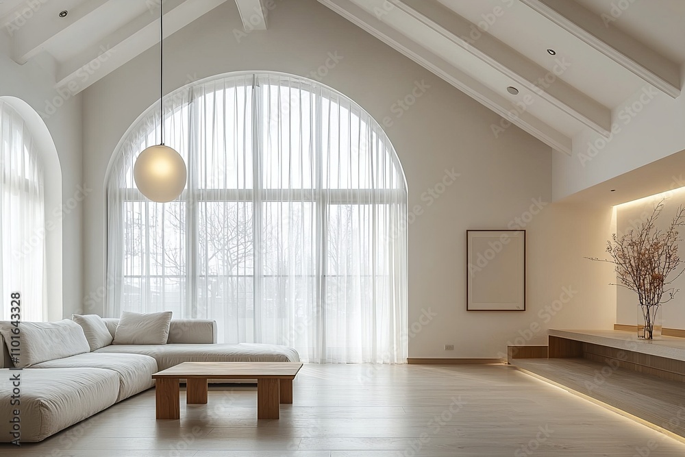 Fototapeta premium Minimalist, modern Scandinavian interiors in living rooms with windows and curtains visible and sofas. Generative AI 