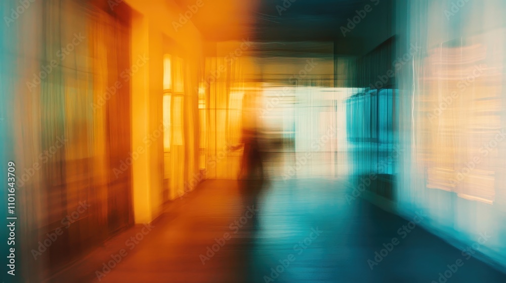 Abstract blurred interior of a medical facility with vivid orange and blue tones, creating a surreal and dynamic atmosphere. Abstract blurred interior of a medical facility with vivid orange and blue tones, creating a surreal and dynamic atmosphere.
