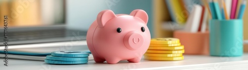 A cute pink piggy bank sits on a table next to colorful coins, symbolizing savings and financial planning.