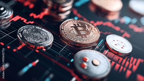 Close-up view of various cryptocurrency coins including Bitcoin and others placed on a financial chart background, symbolizing digital currency trading and investment. photo