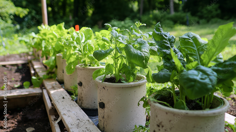 organic herb garden with vibrant greens growing in pots, showcasing fresh herbs and leafy vegetables. lush greenery creates serene and inviting atmosphere organic herb garden with vibrant greens growing in pots, showcasing fresh herbs and leafy vegetables. lush greenery creates serene and inviting atmosphere