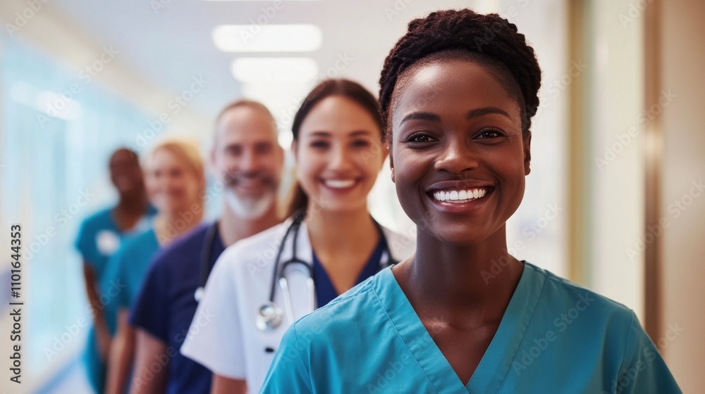 A portrait of a joyful multi-cultural medical team standing proudly in a hospital corridor, their smiles radiating warmth and teamwork, dressed in scrubs, embodying compassion and dedication in a A portrait of a joyful multi-cultural medical team standing proudly in a hospital corridor, their smiles radiating warmth and teamwork, dressed in scrubs, embodying compassion and dedication in a