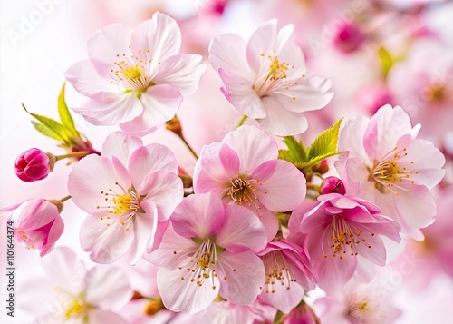 Stunning Portrait of Isolated Sakura Flowers on White Background - Beautiful Cherry Blossom Blooms, Spring Floral Arrangement, Nature's Art, Delicate Petals, Japanese Aesthetics